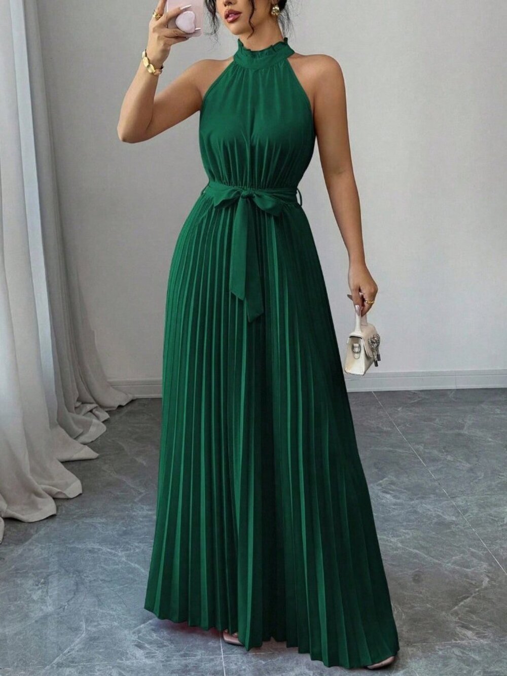 Dark Green Elegant Women's pleated A-Line Dress